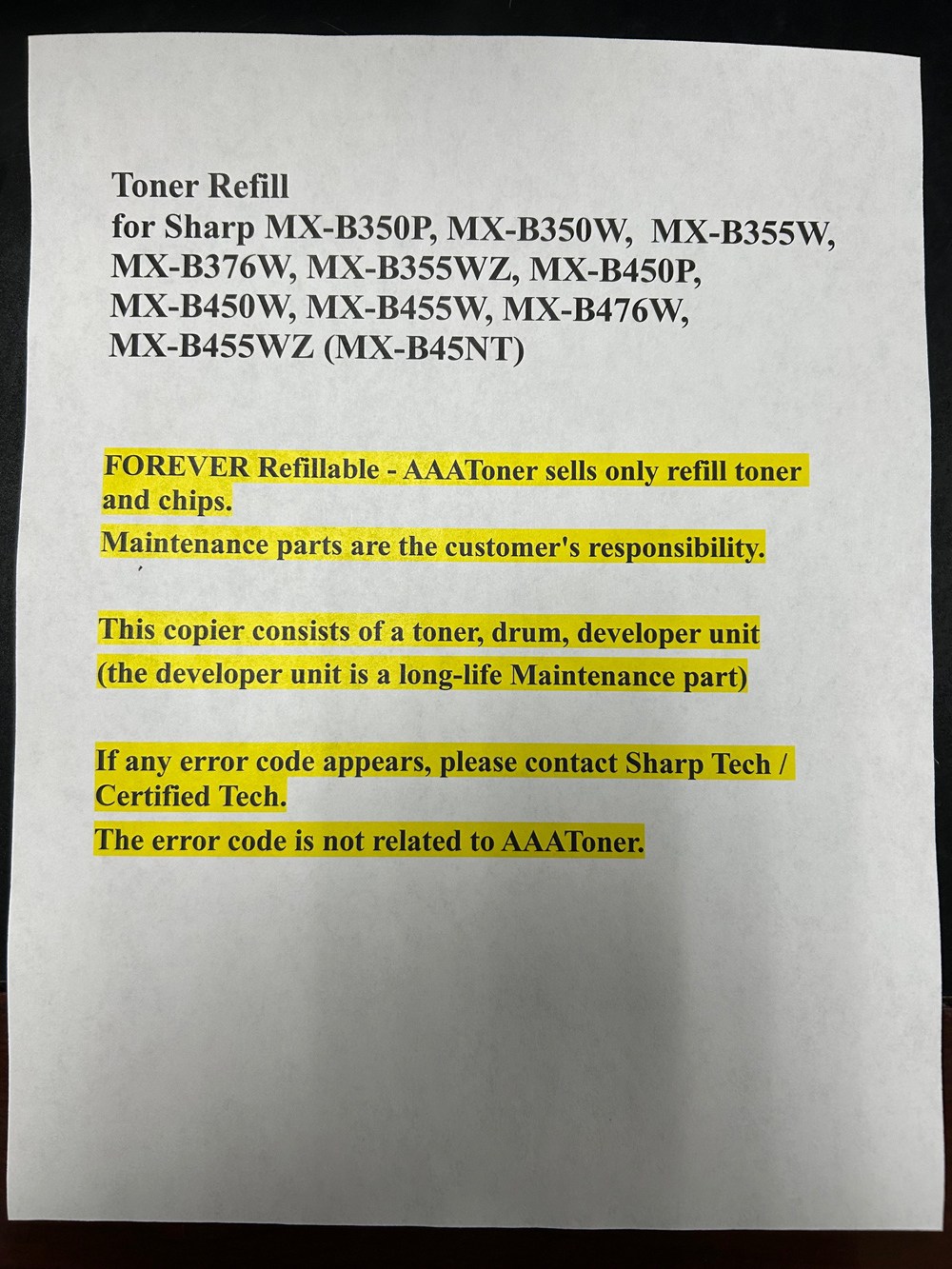 FOREVER Refillable Toner Refill for Sharp MX-B350P, MX-B350W, MX-B376W, MX-B450P, MX-B450W, MX-B476W, MX-B355W, MX-B355WZ, MX-B455W, MX-455WZ (MX-B35NT, MX-B45NT) REFILL ONLY - Image 3