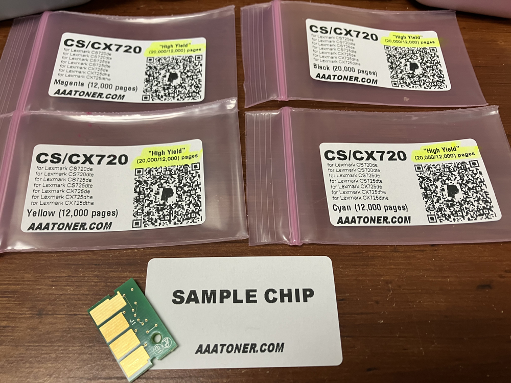 4 High Yield Toner Chips for Lexmark CS720, CS725, CX725 Printers (20,000 pages/12,000 pages)