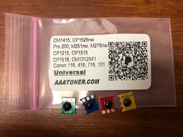 4 Toner Chips for HP Color LaserJet Pro CP1215, CP1515n, CP1518ni, CM1312, CM1415, CP1525NW, M251, M251nw, M276, M276nw, Canon 116, Canon 131