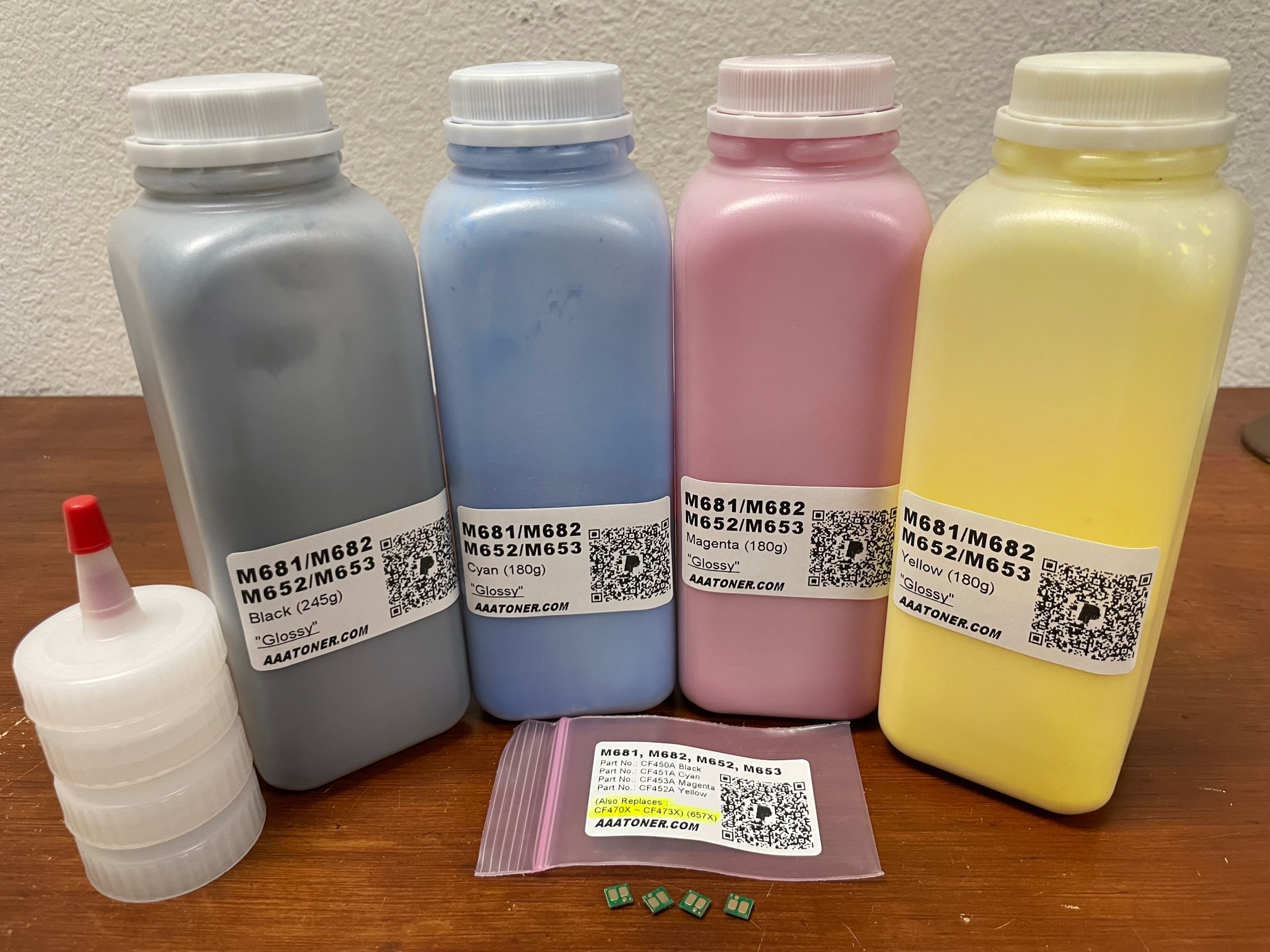 (245g/180g) 4 Toner Refill for HP CF450A, CF451A, CF452A, CF453A, Enterprise M652, M681, M653, M681, M682 (655A) + 4 Chips