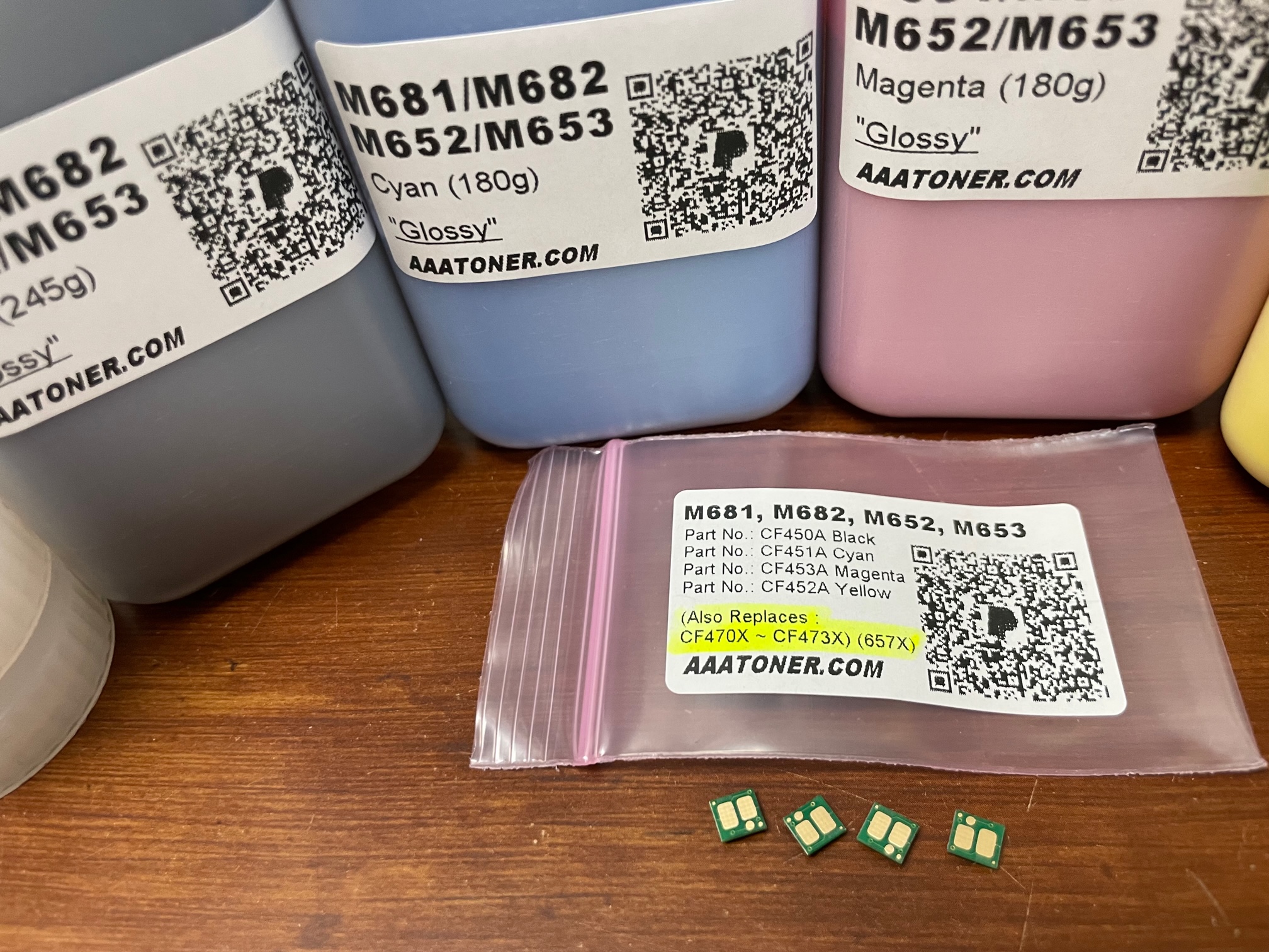 (245g/180g) 4 Toner Refill for HP CF450A, CF451A, CF452A, CF453A, Enterprise M652, M681, M653, M681, M682 (655A) + 4 Chips - Image 2