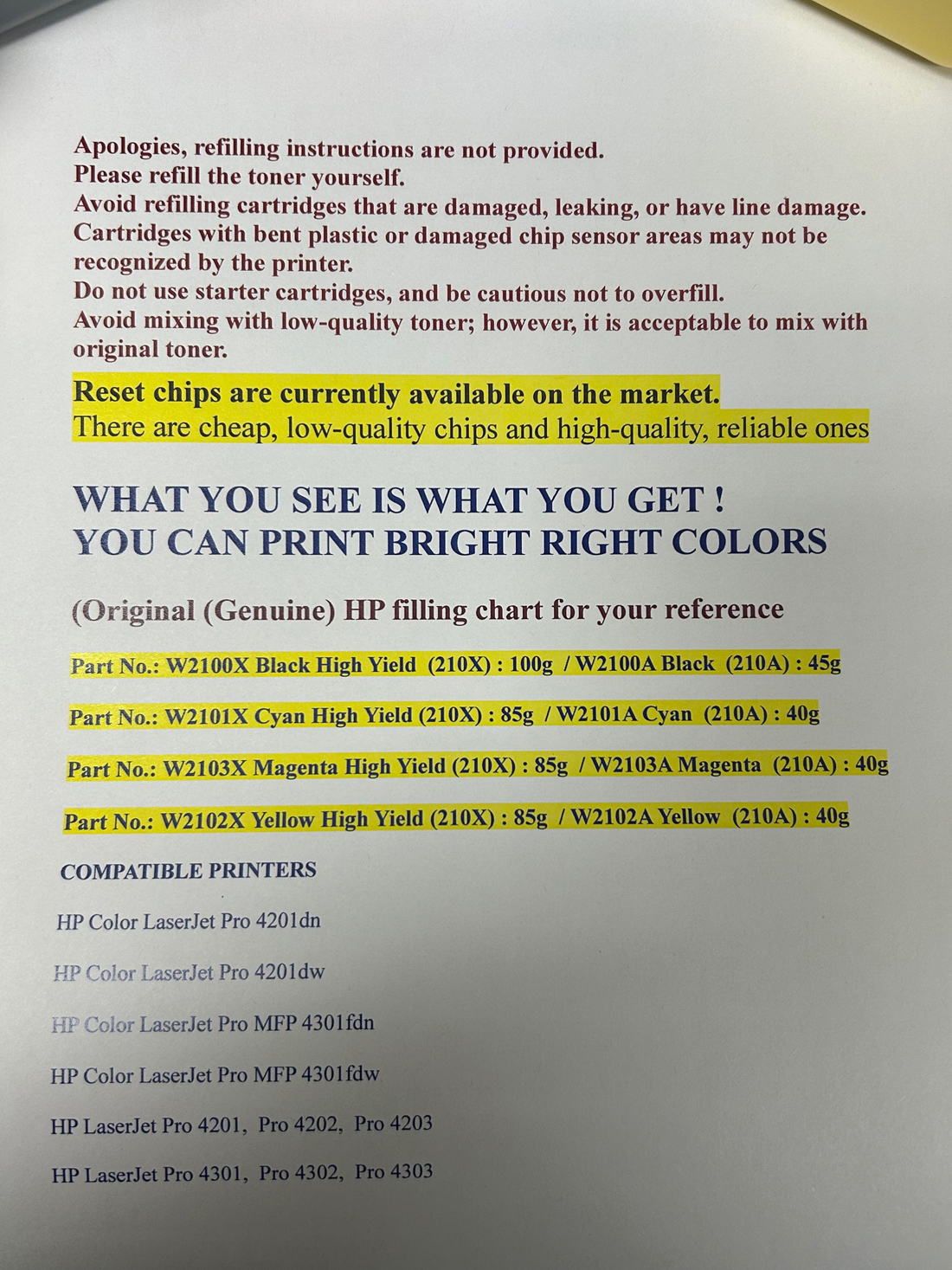 4 Toner Refill for HP W2100X, W2101X, W2103X, W2102X (W2100A, W2101A, W2103A, W2102A), Pro 4201dn, 4201dw, 4301fdn, 4301fdw (210A, 210X) - Image 3