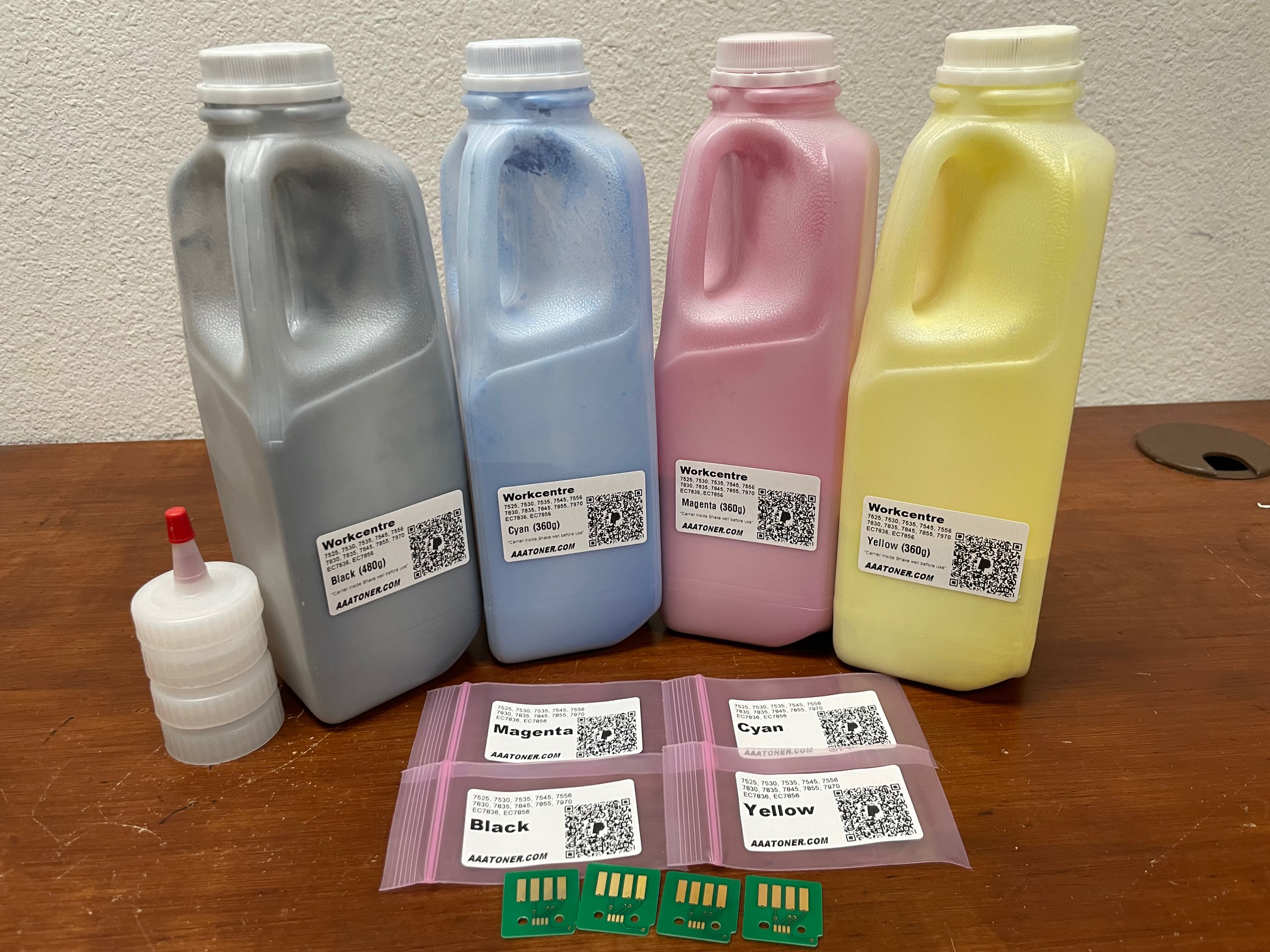 (480g/360g) 4 Toner Refill for Xerox WorkCentre 7525, 7530, 7535, 7545, 7556, 7830, 7835, 7845, 7855, 7970, 7970i, EC7836, EC7856 + 4 Chips