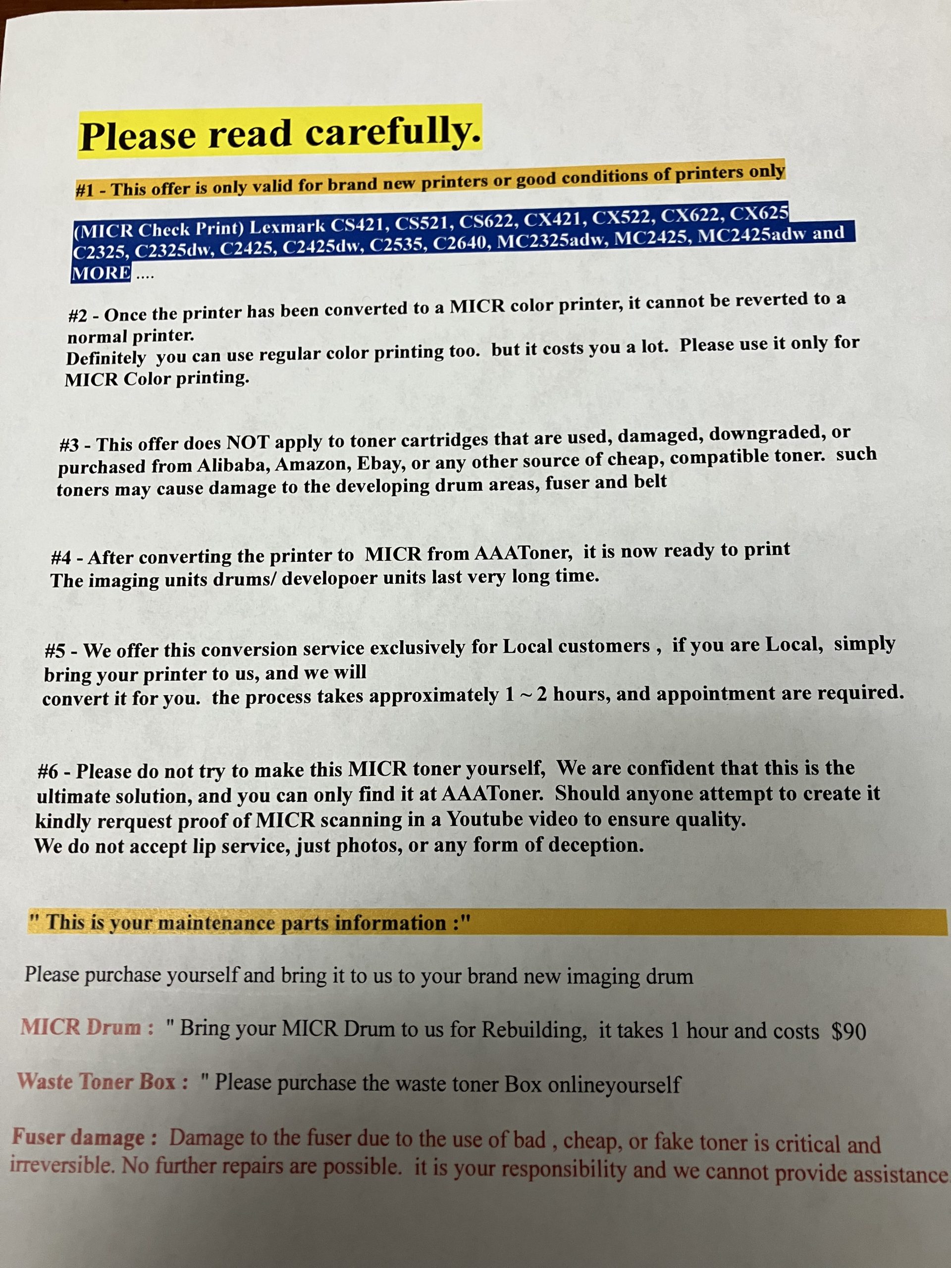 (MICR Check Color) Lexmark CS421, CS521, CS622, CX421, CX522, CX622, CX625 C2325, C2325dw, C2425, C2425dw, C2535, C2640, MC2325adw, MC2425, MC2425adw Printer and MORE .... - Image 2