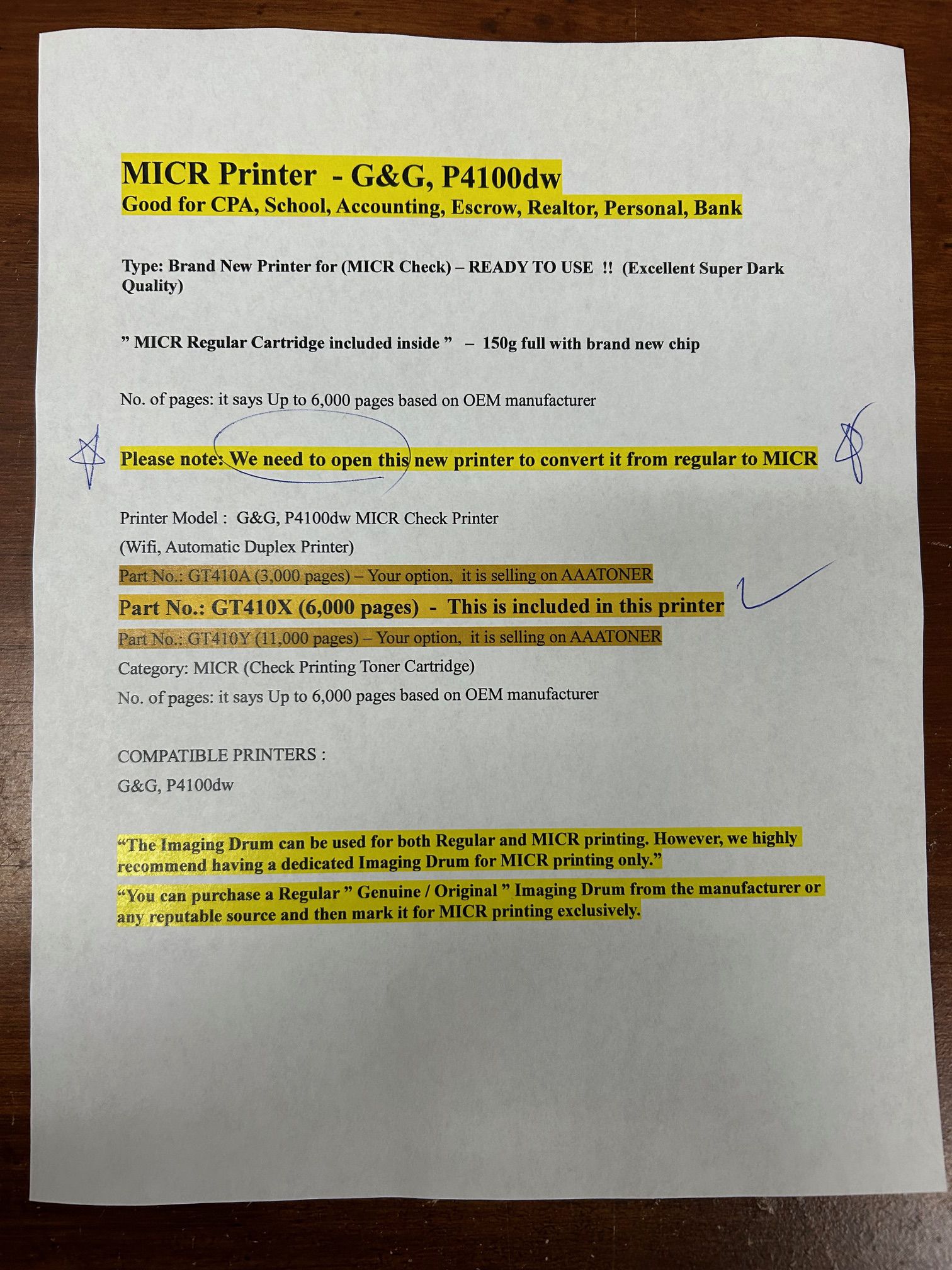 MICR Check Printer for (Pantum) G&G GT410X, GT410, GT410A, GT410Y, P4100DW, P4100 Print MICR Toner Cartridge - READY TO USE !! - Image 2